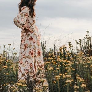 H&M Floral Long Sleeve Midi Dress Balloon Sleeve